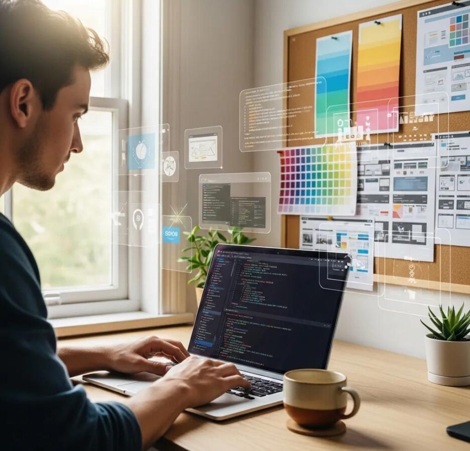 Web developer designing with Gantry Framework in a creative workspace
